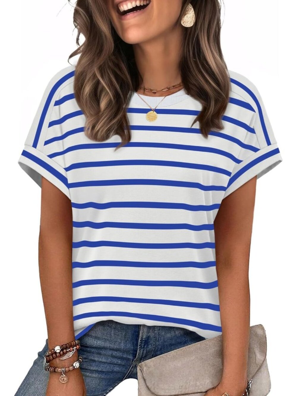 Women Blue Stripes-3 Short Sleeve Summer Outfits Casual Clothes Tops Shirts